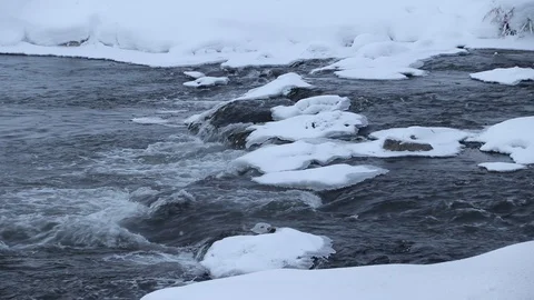 River in winter with snow. The river at dawn. Evaporation from water. Stock Footage 110054296