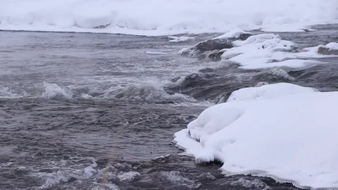 River in winter with snow. The river at dawn. Evaporation from water. Stock Footage 110059403