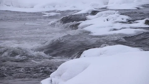 River in winter with snow. The river at dawn. Evaporation from water. Stock Footage 110060704
