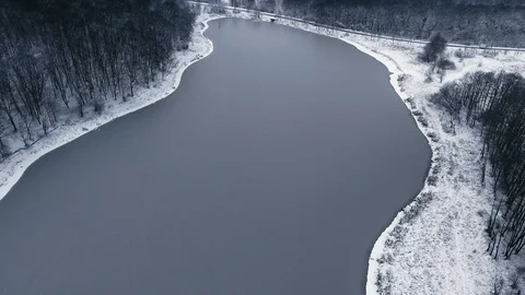 River in winter. Snowy winter. Winter shooting from the drone. Stock Footage 87458318