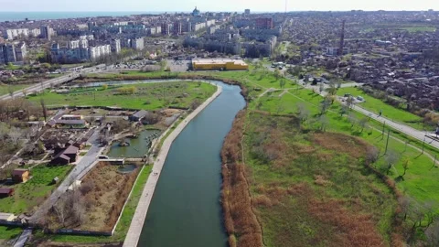 River within the city. Panorama of the city of Mariupol Ukraine. Stock Footage 157959637