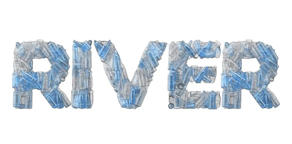 River word spelt out in empty plastic bottle font. 3D Rendering Stock Illustration