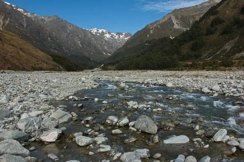 Riverbed of Bush Stream in Mount Cook National Park Stock Photos