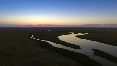 Riverbed at sunset. View from above. Idyllic path Stock-Footage 74150637