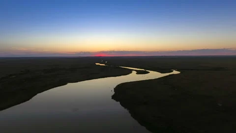 Riverbed at sunset. View from above. Idyllic path. Stock Footage 88850826