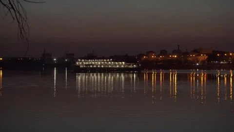 Riverboat Sailing Through Night Water Canal 스톡 동영상 343894533