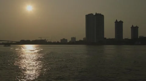 Riverboat Traffic on Chao Phraya River near Asiatique The Riverfront Stock Footage 48207417