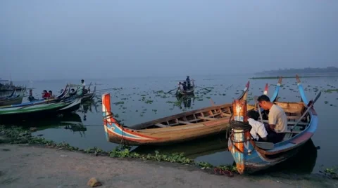 Riverboats moored on harbour Stock Footage 48733681