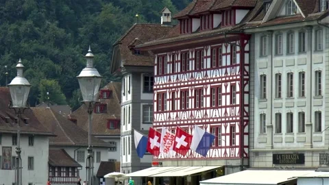 Riverfront buildings in Luzern, Lucerne. Video stock 145244577