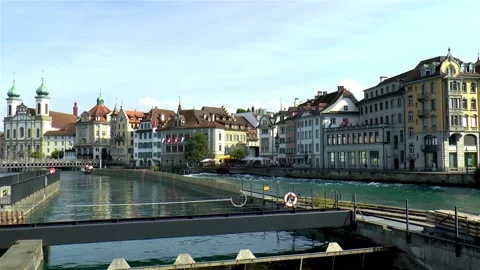 Riverfront buildings in Luzern, Lucerne. Stock Footage 145375508