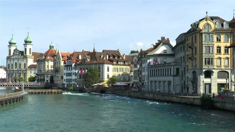 Riverfront buildings in Luzern, Lucerne. 스톡 동영상 145376065