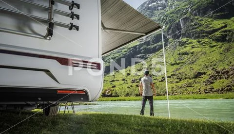 Riverfront RV Park Camper Van Camping Stock Image #247451086