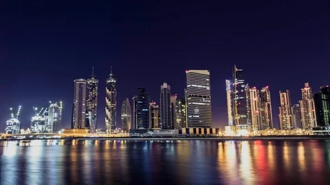 Riverfront skyline Dubai timelapse Stock Footage 105688013