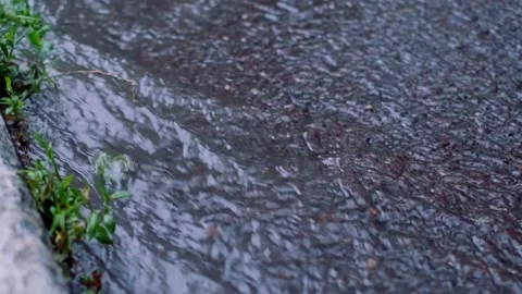 Rivers of water flow on asphalt after rain, showcasing urban flooding and the im Stock Footage 277643045