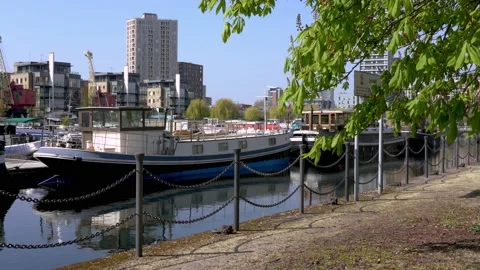 Riverside at Blackwall Basin in the docklands Stock Footage 153336295