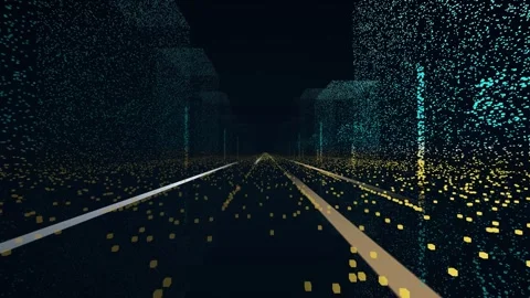 Riverside boulevard night long exposure light trails teal gold point cloud 스톡 동영상 343119992