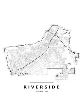 Riverside CA Street Map Road Network Highways Black White Editable Vector Stock Illustration