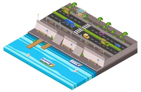 Riverside city isometric 3D vector illustration of waterfront town map with cars Illustrazione stock