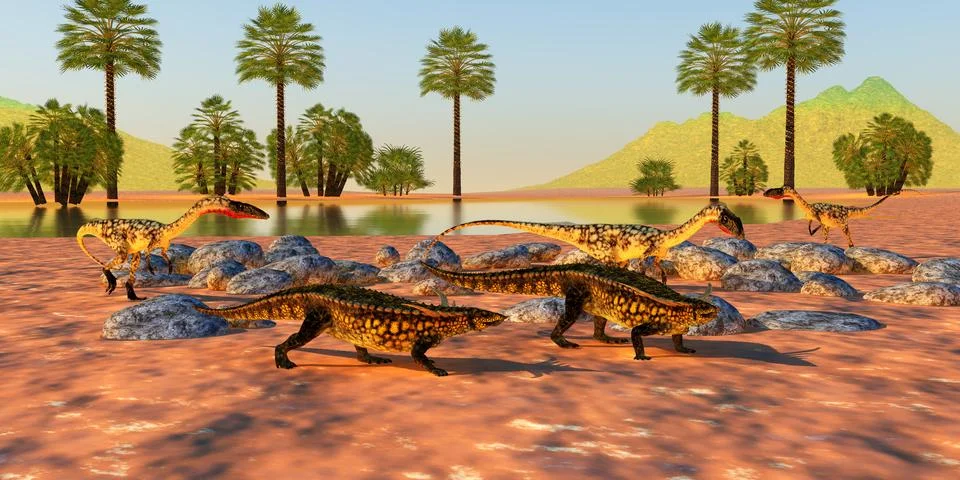 Riverside Dinosaurs Stock Illustration