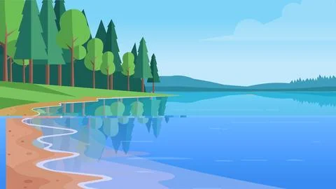 Riverside Forest Lake Flat Design Illustration View Stock Illustration