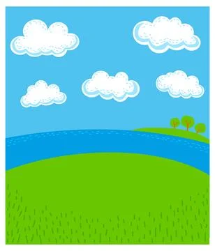 Riverside with island, trees and clouds. Vector background cartoon illustra.. Stock Illustration