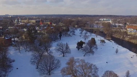 Riverside Park Winter Snow Flyover in Ypsilanti, Michigan Stock Footage 99611576