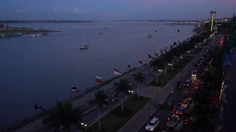 Riverside of Phnom Penh at sunset Video stock 76335747