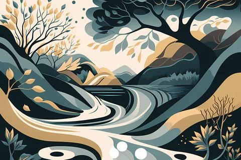 Riverside Reflection Stock Illustration