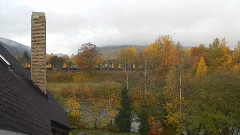 Riverside Rhythms Carpathian Serenity with Passing Train Stock-Footage 255234733