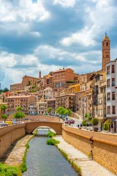Riverside of river Queiles running through center of Tarazona, Spain Stock Photos
