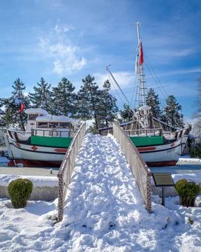 Riverside in the snow in winter Stock Photos