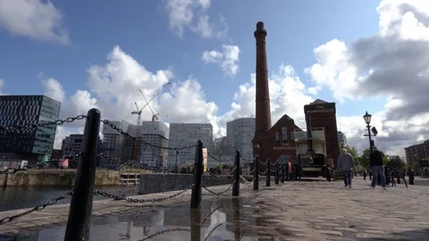 Riverside view of the Pump house building at the Royal Albert Dock Stock Footage 118280353
