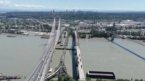 Riverview Bridge - Fraser River - New Westminster and Surrey - British Columbia Stock Footage 345943369