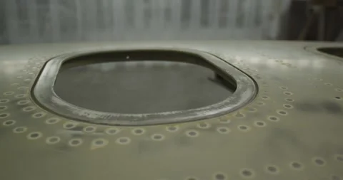 Riveted Aircraft Fuselage With Emergency Exit Hatch, Aviation Detail, Close Up Stock Footage 340304191