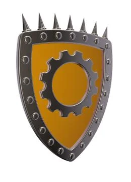 Riveted metal shield with gear wheel symbol on white background - 3d illustra Stock Illustration