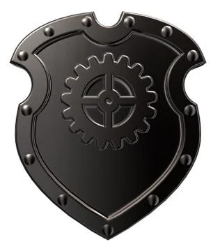 Riveted metal shield with gear wheel symbol on white background - 3d illustra Stock Illustration