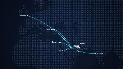 Riyadh airport flight routes network map animation Video stock 339328591
