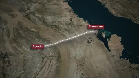 Riyadh to Dammam Driving Route Animation on Satellite Map Background Stock Footage 341880460