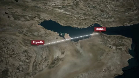 Riyadh to Dubai Flight Path Map Animation on Satellite Background Stock Footage 339293458