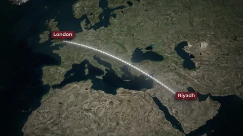 Riyadh to London Flight Route on 3D Satellite Map Animation Stock Footage 339292797