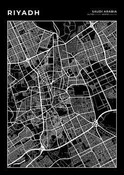 Riyadh Map Wall Art Frame, Cartography Map Print, City Layout Map Stock Illustration
