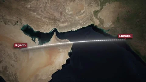 Riyadh to Mumbai Airplane Flight Route Animation on Satellite Map Stock Footage 340154673