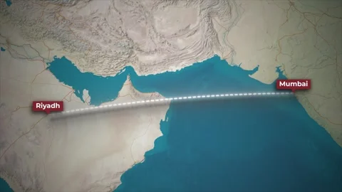 Riyadh to Mumbai Flight Route Animation on 3D Topographic Map Stock Footage 340154817