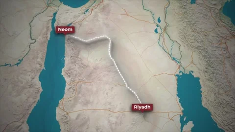 Riyadh to Neom Saudi Arabia Animated Map Route on Topographical Background Vídeo Stock 341886539