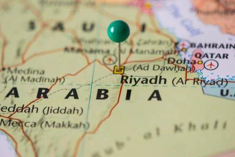 Riyadh pinned on a map of Saudi Arabia with a green pin, color of Saudi flag. Stock Photos