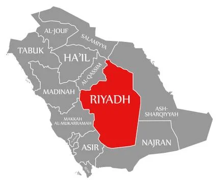 Riyadh red highlighted in map of Saudi Arabia Stock Illustration
