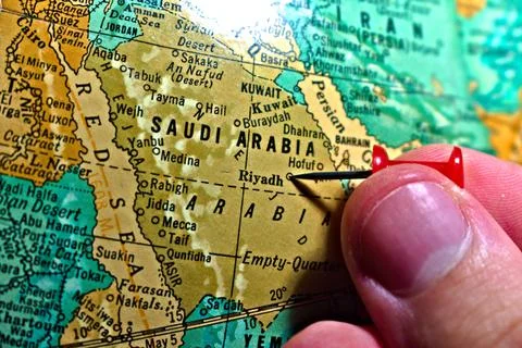 Riyadh, Saudi Arabia globe map red push pin thumbtack marker Stock Photos