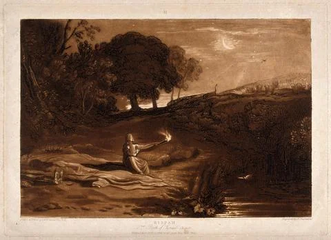 Rizpah keeps watch in the tranquil night over the decaying bodies of her so.. Stock Illustration