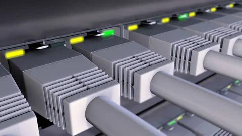 RJ45 Connectors plugged in to network switch seamless loop close-up Stock Footage 88655108