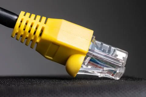 RJ45 network plug close-up on a gray background. Ethernet plug 100 mb Stock Photos